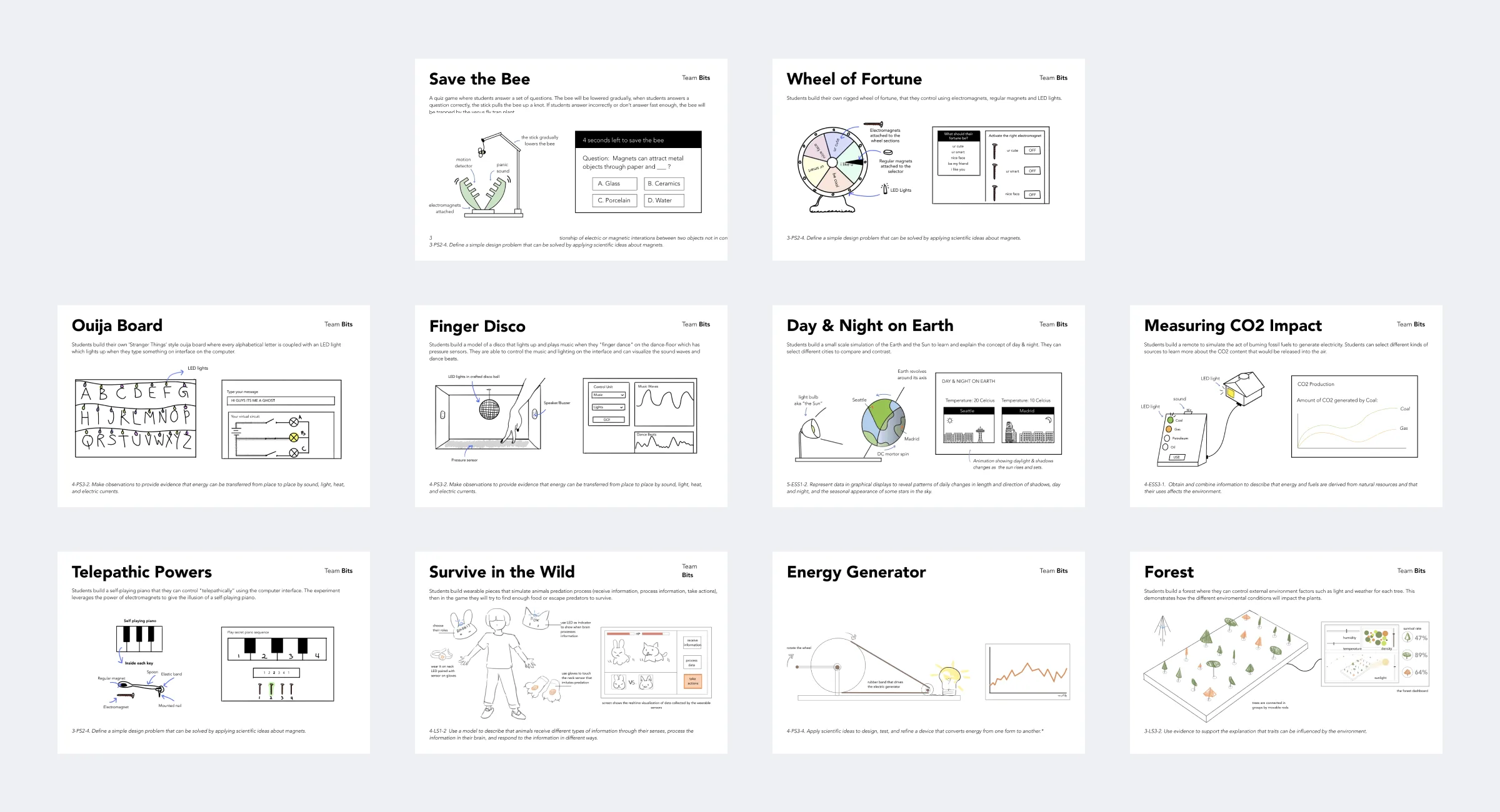 Grid of hand-sketched concept ideas including Save the Bee, Wheel of Fortune, and Magic Board generated during the idea generation phase